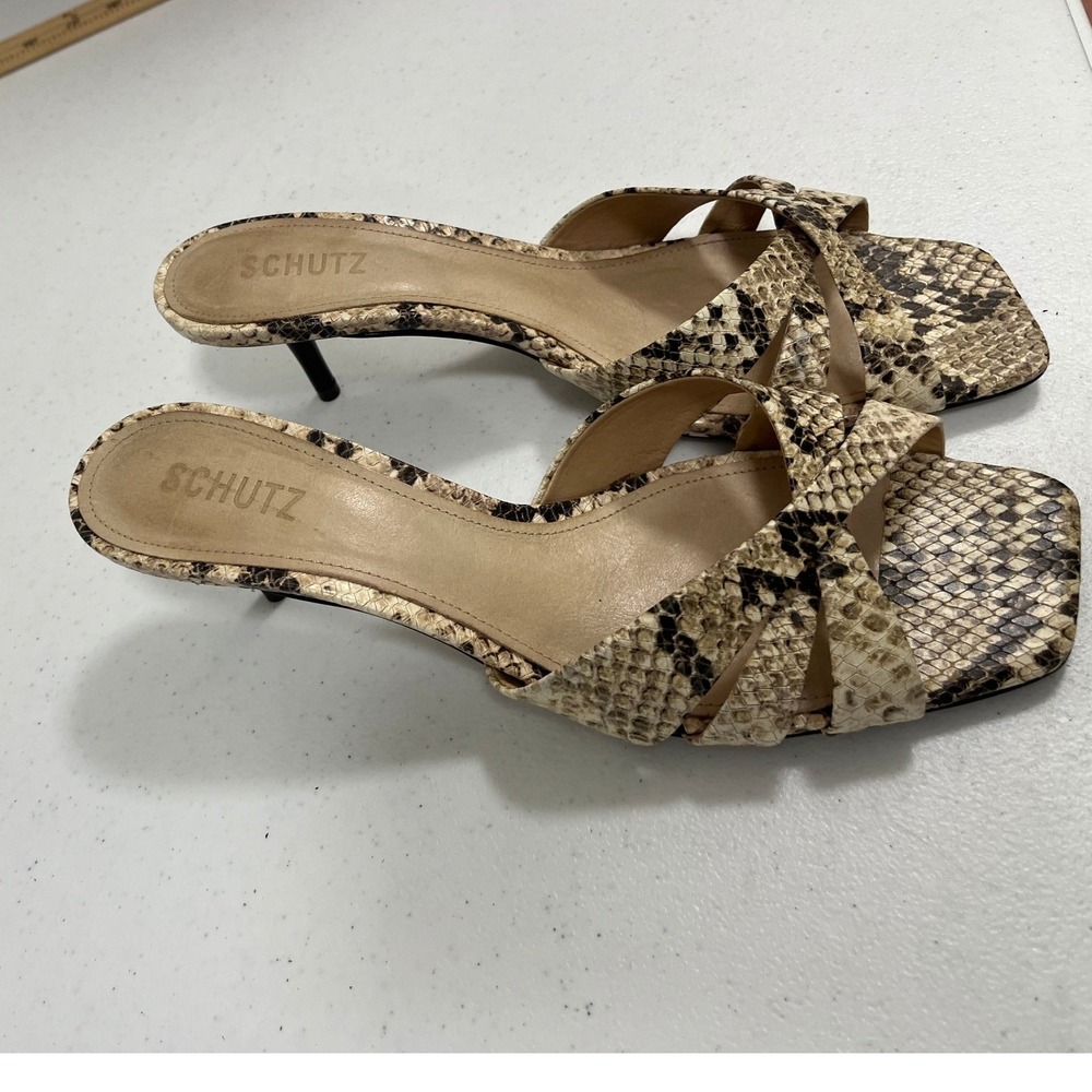 SCHUTZ Snake Print Tan and Black Leather Mules